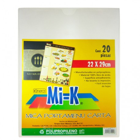MICA PARA MENU TAMAÑO CARTA KINERA 5208 FORMA FLEXIBLE 75 MICRONES 1 PAQUETE CON 20 PIEZAS - Envío Gratuito