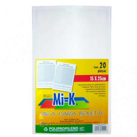 MICA PARA BOLETAS TAMAÑO 15 X 25 CM KINERA 5206 FORMA FLEXIBLE 75 MICRONES 1 PAQUETE CON 20 PIEZAS - Envío Gratuito