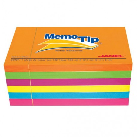 NOTA ADHESIVA REMOVIBLE JANEL MEMOTIP COLORES NEON FORMA RECTANGULAR 100 HOJAS - Envío Gratuito
