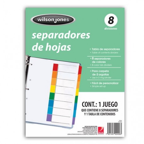 SEPARADOR WILSON JONES P2456 TAMAÑO CARTA CON 8 DIVISIONES DE PAPEL CON CEJAS MULTICOLOR 1 JUEGO - Envío Gratuito