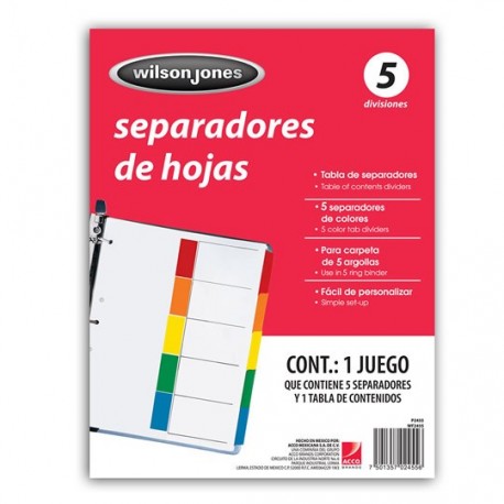SEPARADOR WILSON JONES P2455 TAMAÑO CARTA CON 5 DIVISIONES DE PAPEL CON CEJAS MULTICOLOR 1 JUEGO - Envío Gratuito