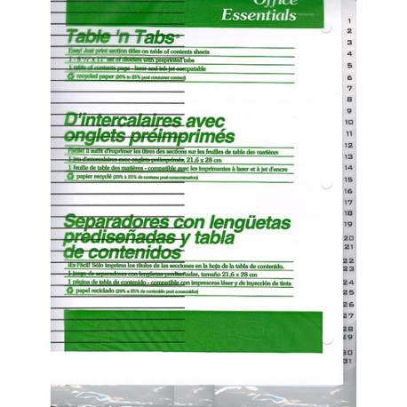 SEPARADOR OFFICE ESSENTIAL 11680 TAMAÑO CARTA CON 31 DIVISIONES DE PAPEL CON CEJAS BLANCAS 1 JUEGO - Envío Gratuito