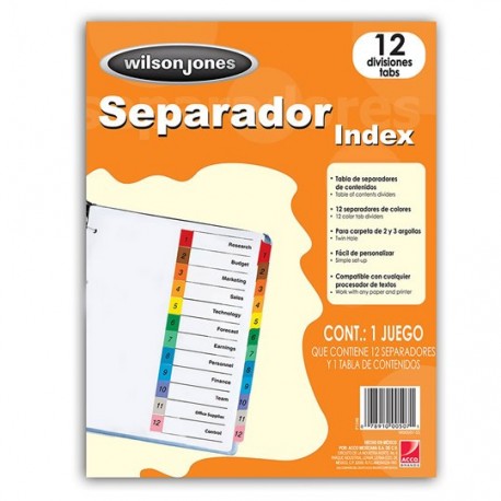 SEPARADOR WILSON JONES P1348 TAMAÑO CARTA CON 12 DIVISIONES DE PAPEL CON CEJAS MULTICOLOR 1 JUEGO - Envío Gratuito