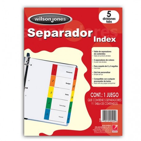 SEPARADOR WILSON JONES P1345 TAMAÑO CARTA CON 5 DIVISIONES DE PAPEL CON CEJAS MULTICOLOR 1 JUEGO - Envío Gratuito