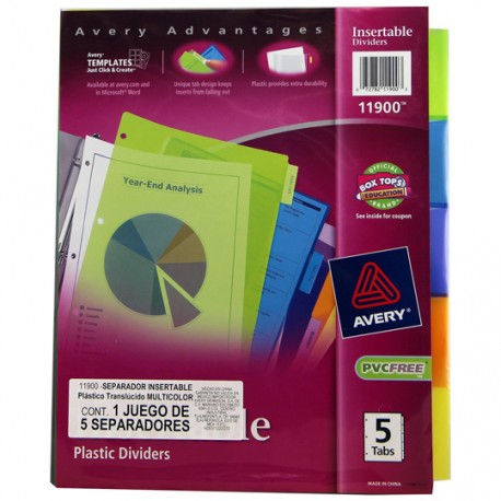 SEPARADOR AVERY 11900 TAMAÑO CARTA CON 5 DIVISIONES DE PLASTICO CON CEJAS GRANDES 1 JUEGO - Envío Gratuito