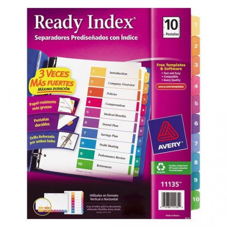 SEPARADOR AVERY 11135 TAMAÑO CARTA CON 10 DIVISIONES DE PAPEL CON CEJAS MULTICOLOR 1 JUEGO - Envío Gratuito