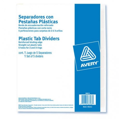 SEPARADOR AVERY 6566 TAMAÑO CARTA CON 5 DIVISIONES DE PAPEL CON CEJAS PLASTIFICADAS 1 JUEGO - Envío Gratuito