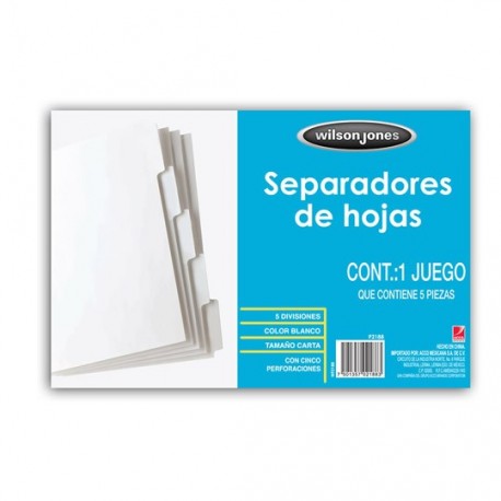 SEPARADOR WILSON JONES P2188 TAMAÑO CARTA CON 5 DIVISIONES DE PAPEL CON CEJAS BLANCAS 1 JUEGO - Envío Gratuito
