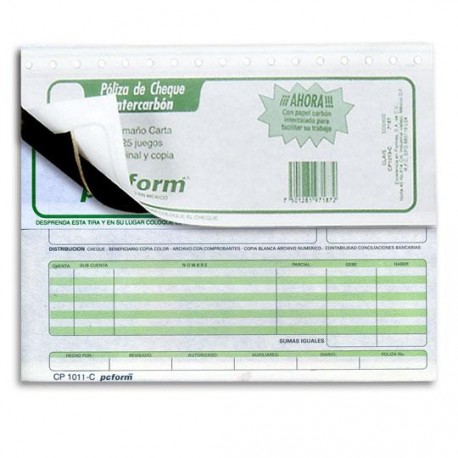 POLIZA DE CHEQUE PC FORM CP-1011-C TAMAÑO ½ OFICIO INTERCARBON 1 BLOCK CON 25 JUEGOS - Envío Gratuito