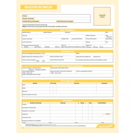 BLOCK SOLICITUD DE EMPLEO ESTRELLA TAMAÑO CARTA DE 50 HOJAS - Envío Gratuito
