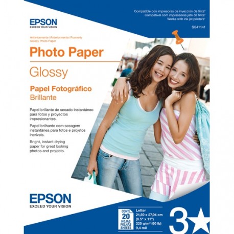 PAPEL FOTOGRAFICO EPSON GLOSSY PHOTO S041141 TAMAÑO CARTA 8.5 X 11 PULGADAS 20 HOJAS - Envío Gratuito