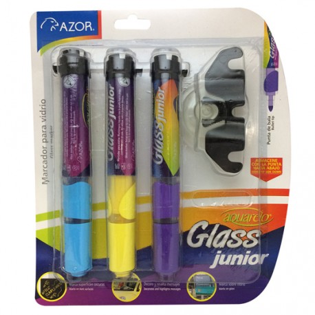 MARCADOR PARA VIDRIO AZOR AQUARELO GLASS JUNIOR AMARILLO,VIOLETA Y AZUL 3 PIEZA - Envío Gratuito