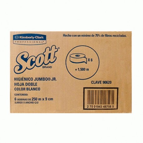 PAPEL HIGIENICO BOBINA SCOTT 90620 JR HOJA DOBLE DE 250 M X 9.5 CM 6 PZAS - Envío Gratuito