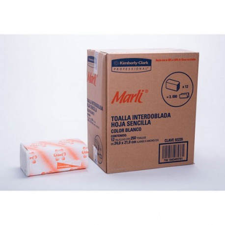 TOALLA INTERDOBLADA MARLI 92239 DE 250 HOJAS SENCILLAS 12 PAQUETES - Envío Gratuito